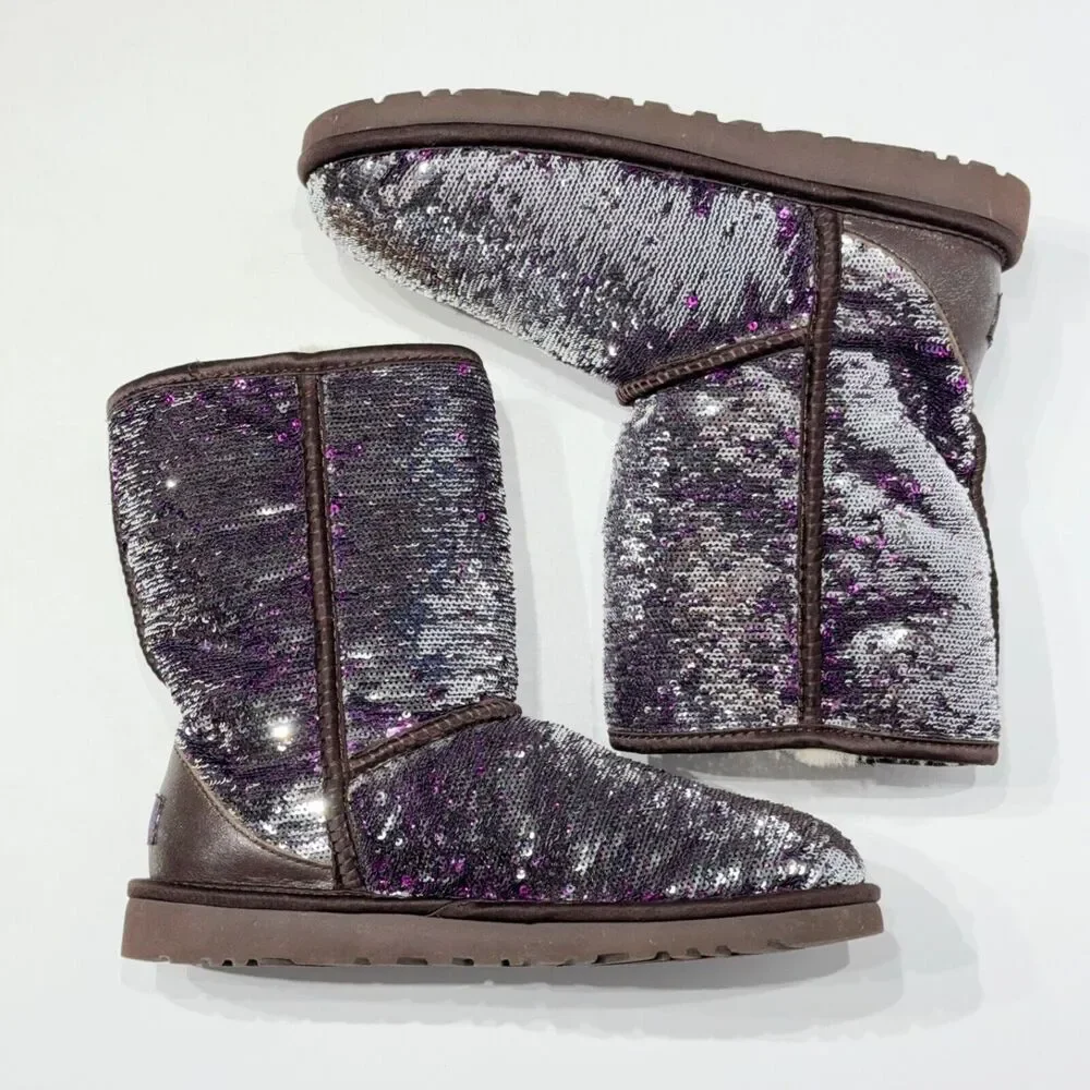 Ugg Australia Sequin Silver Purple Sparkle Winter Boot Women Size 7 Minimal Wear